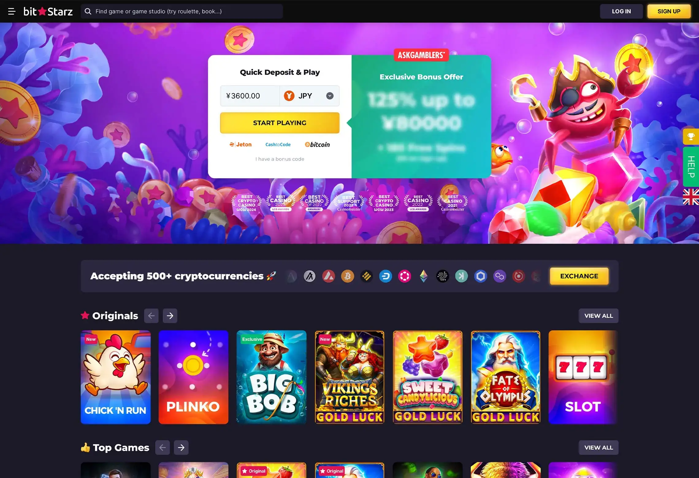 Screenshot of the Bitstarz casino homepage on a desktop device, showing the login and registration buttons prominently.