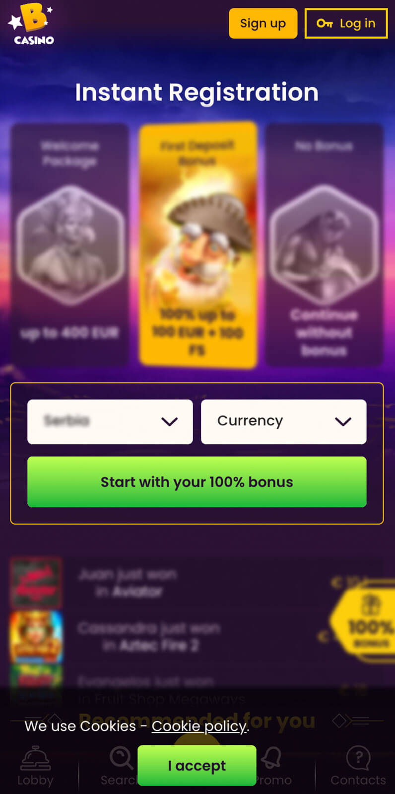 Screenshot of Bizzo Casino mobile app interface on a smartphone