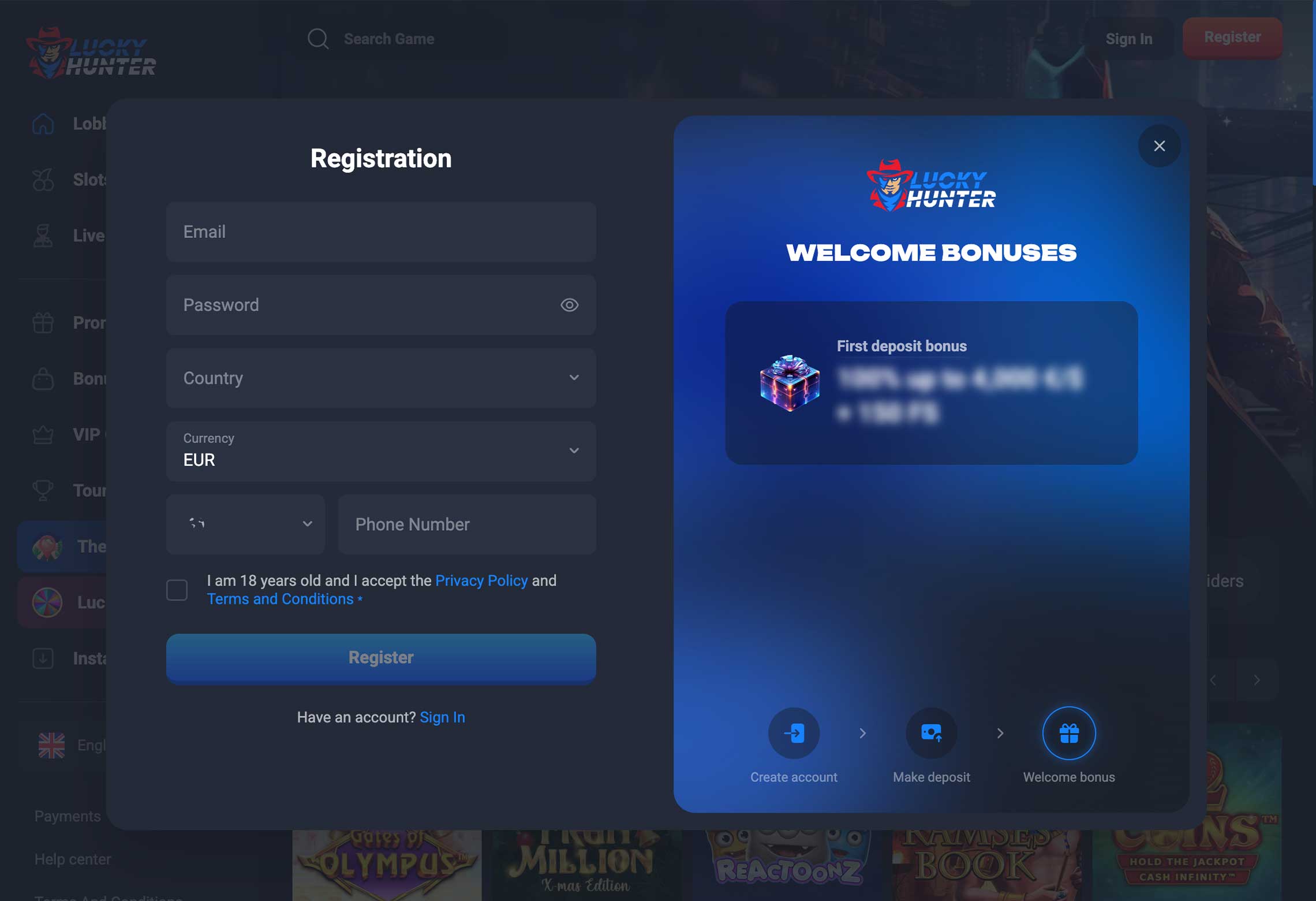 Indibet Bonuses Explained How to Claim Your 25000 INR Reward 1 Lucky Hunter Casino Registration Form Step 1 Desktop Device View