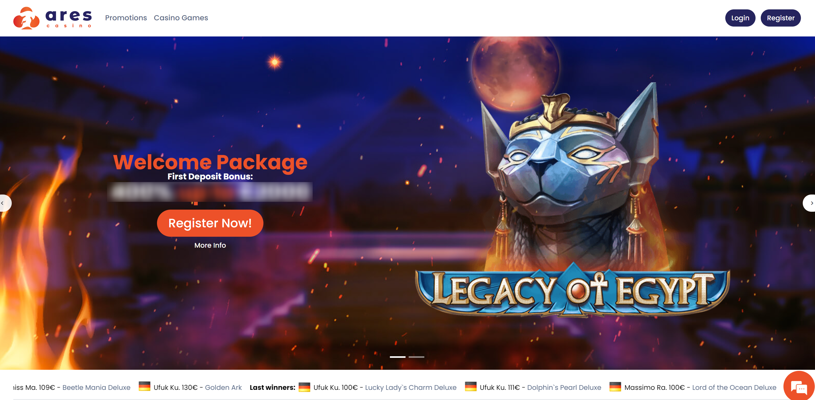 Ares Casino Homepage - desktop view