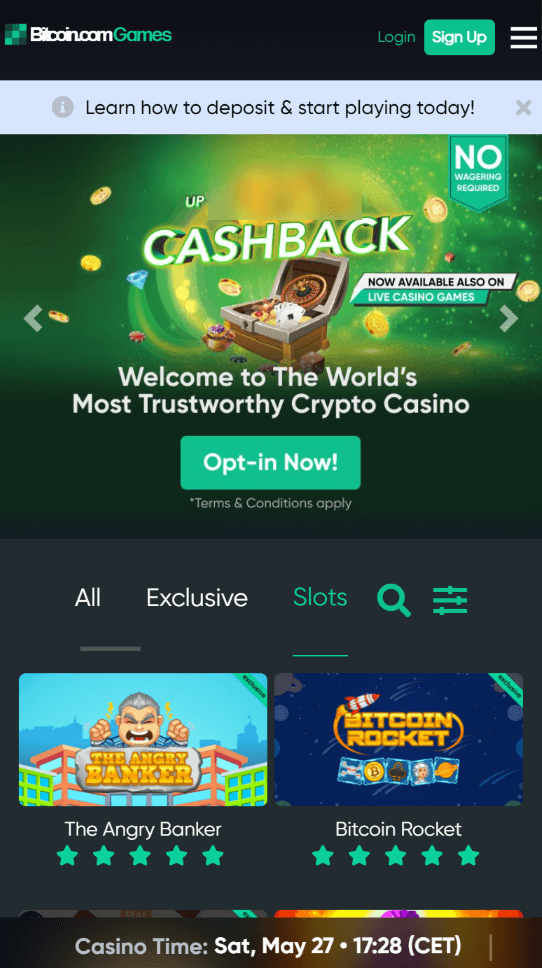 image of a mobile screenshot of bitcoin games ccasino homepage captured on 5/27/2023