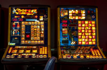 HULL , ENGLAND - MAY 04 2018 : Gambling machines blinking in the casino.