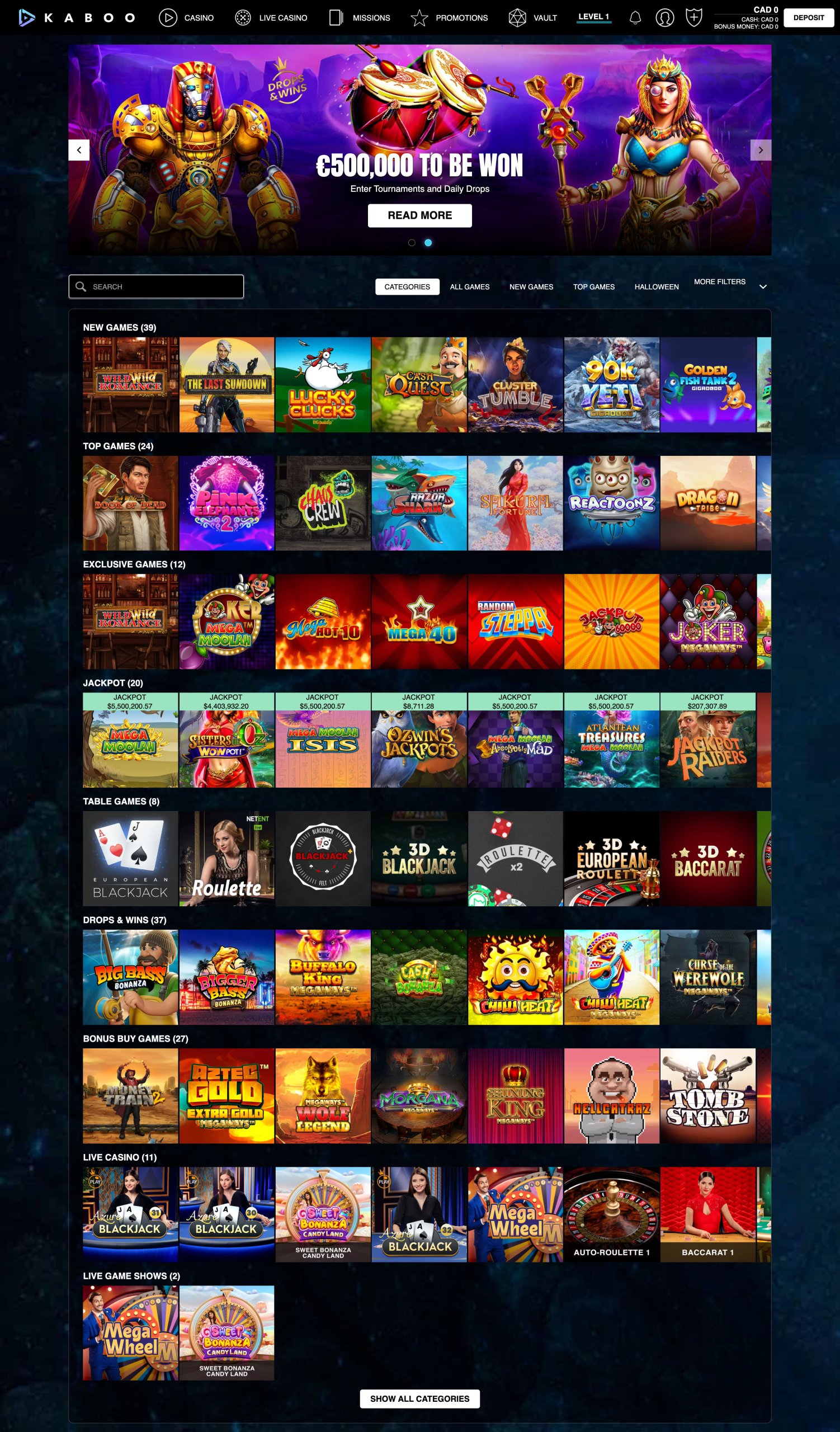 Kaboo casino lobby desktop view