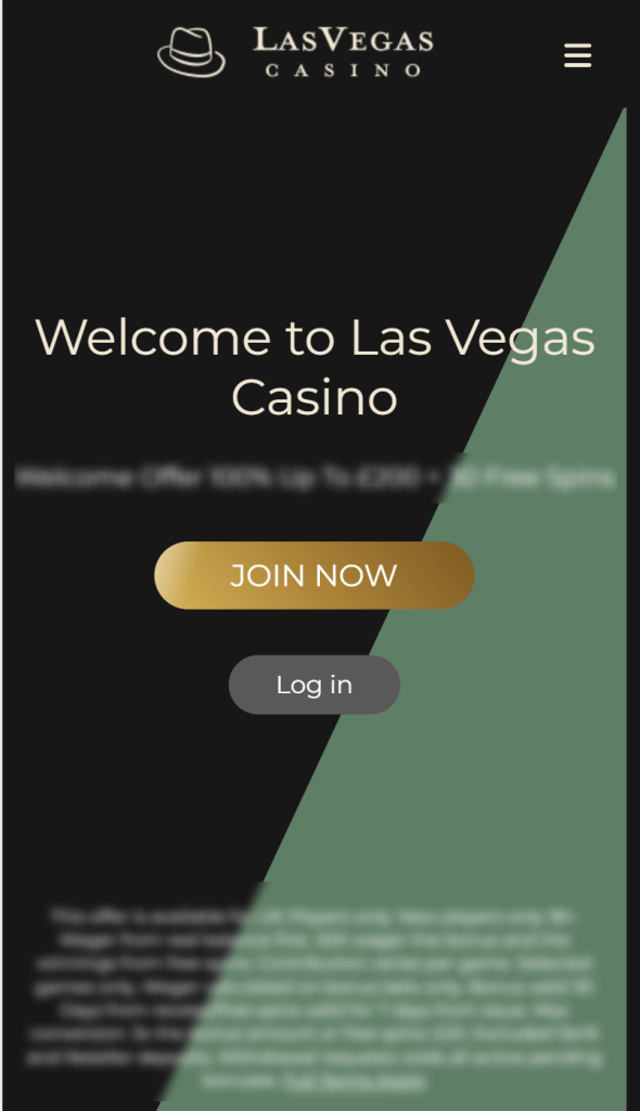 image of mobile view of lasvegascasino welcome page with blurred promo captured on 5/25/2023