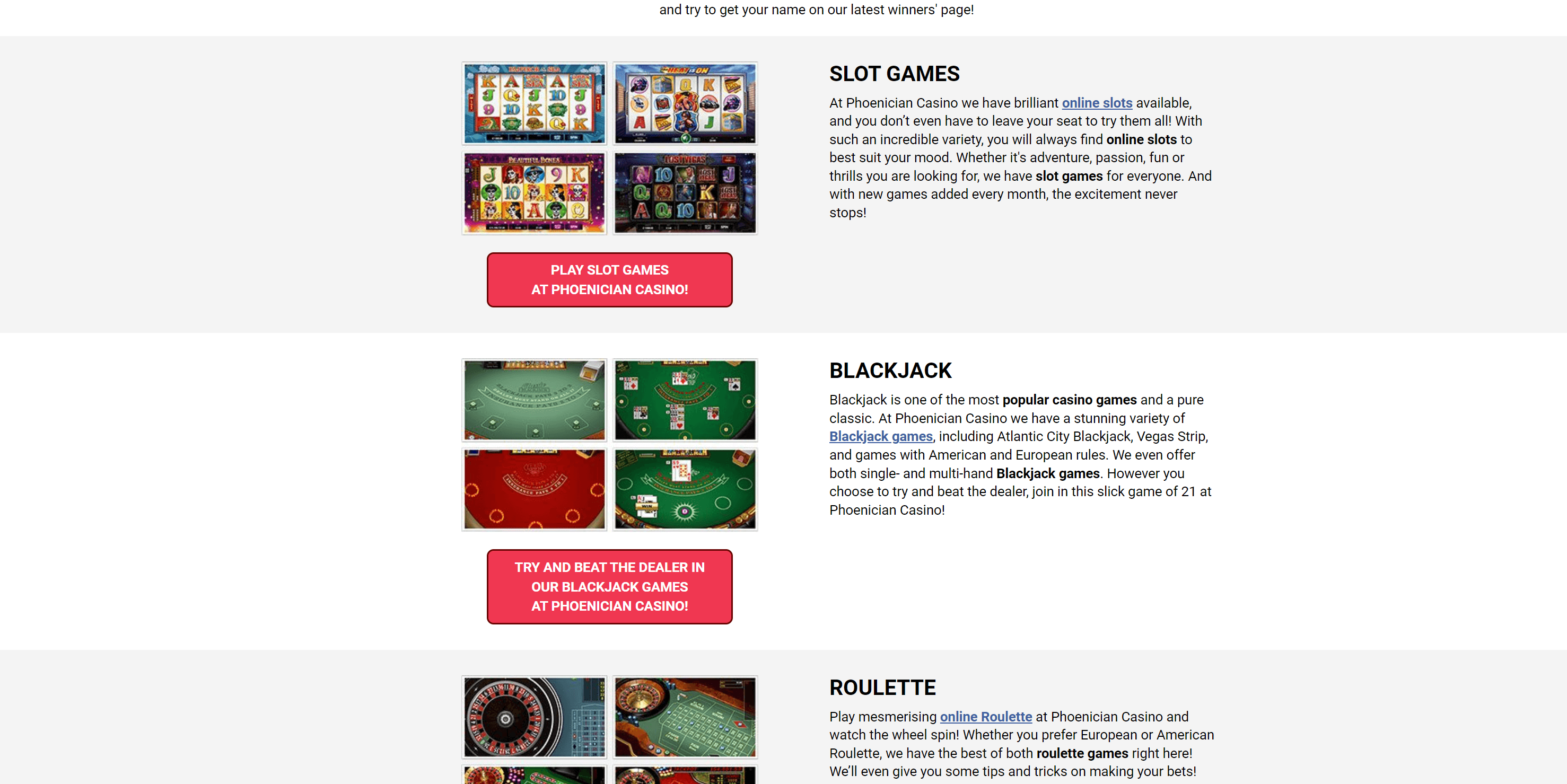 Phoenician Casino games page in desktop view