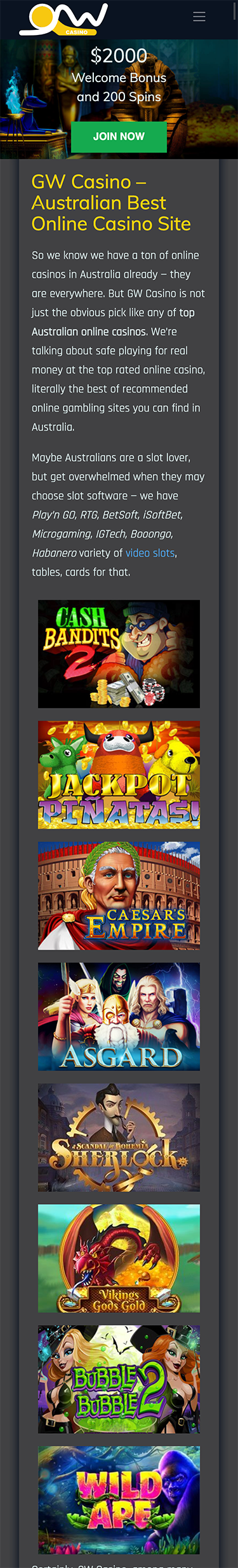 Screenshot of Gw Casino website interface showing game lobby and promotional banners