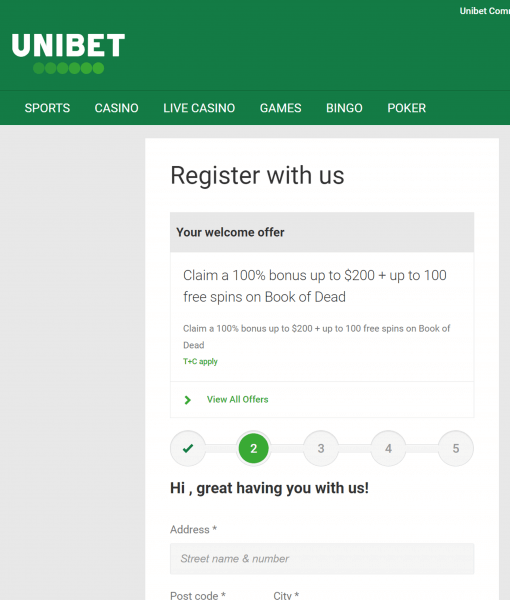 Unibet Registration Form Step 2 Desktop Device View 