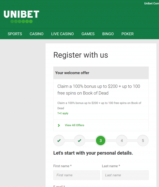 Unibet Registration Form Step 3 Desktop Device View 