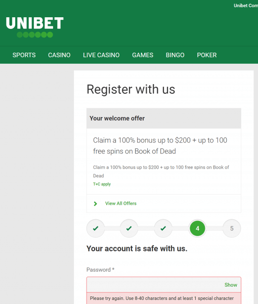 Unibet Registration Form Step 4 Desktop Device View 