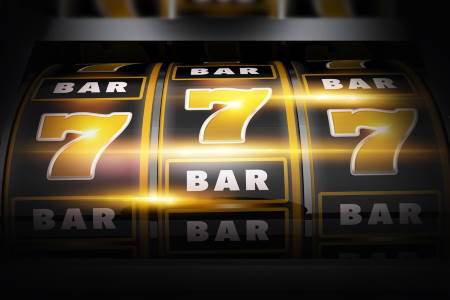 Vegas Slot Winner 3D Concept Illustration. Classic Las Vegas Style Slot Machine Closeup. Golden Black Theme.