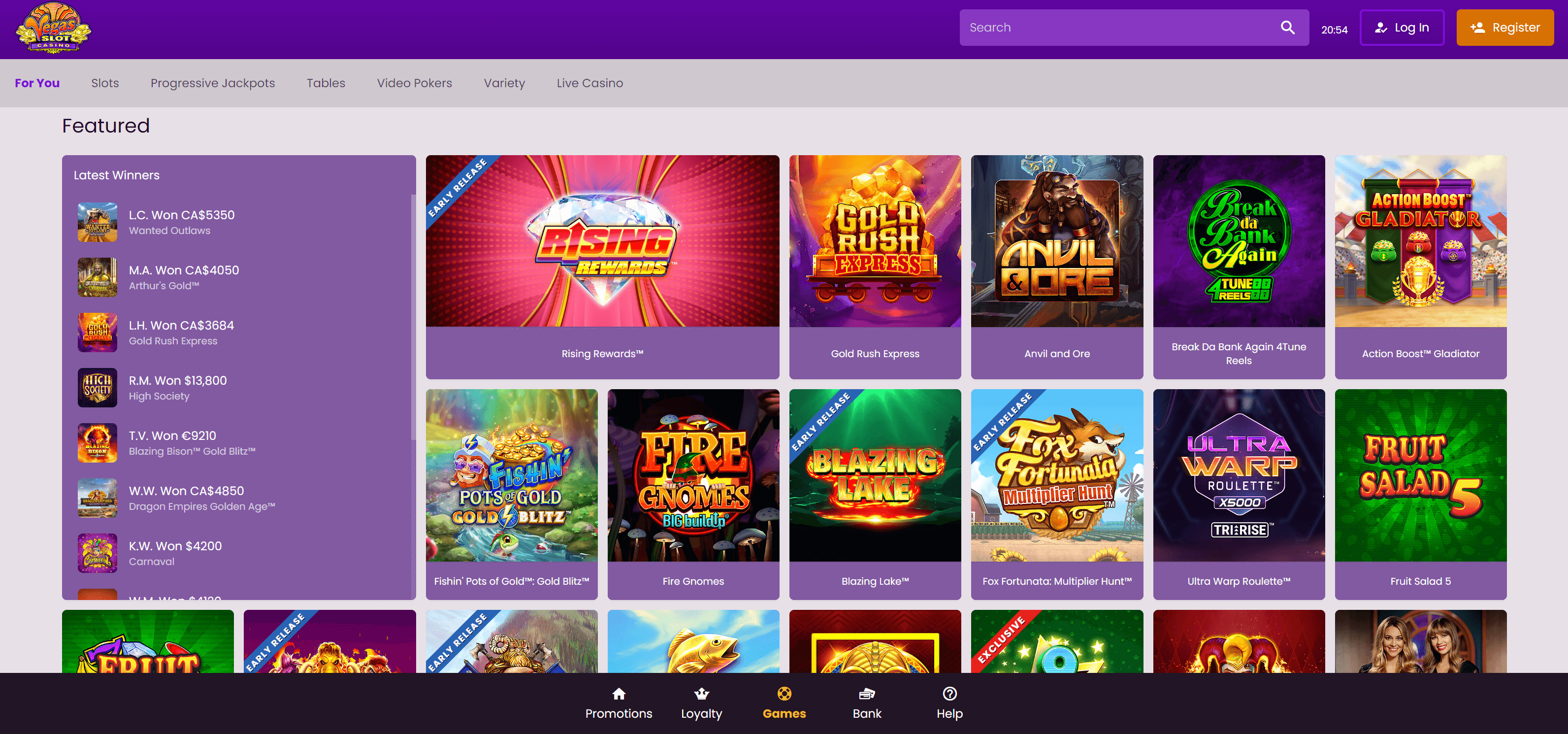 Vegas Slot Casino games page in desktop view