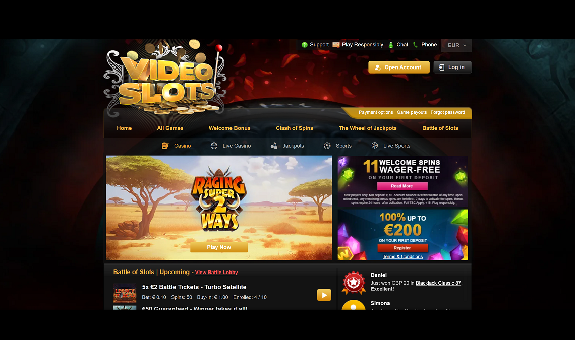 videoslots welcome bonus page desktop view 